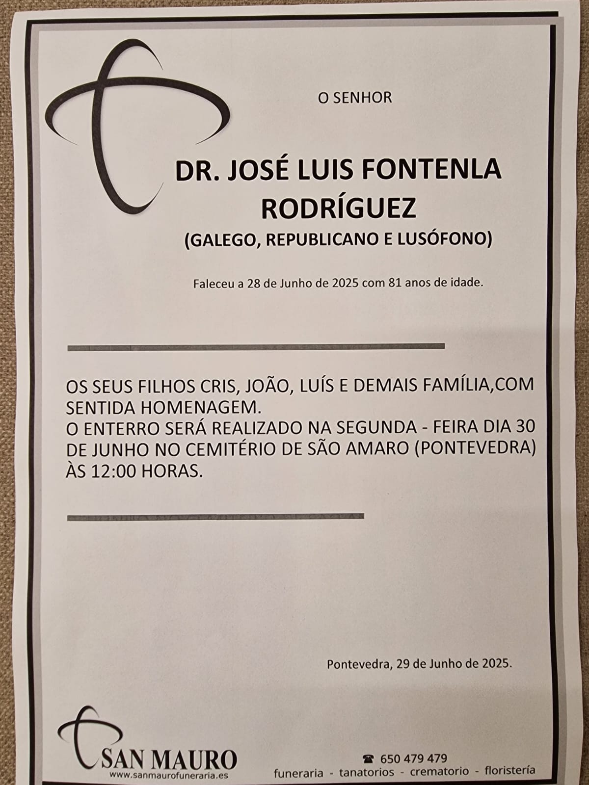 Nota de falecimento de José Luís Fontenla